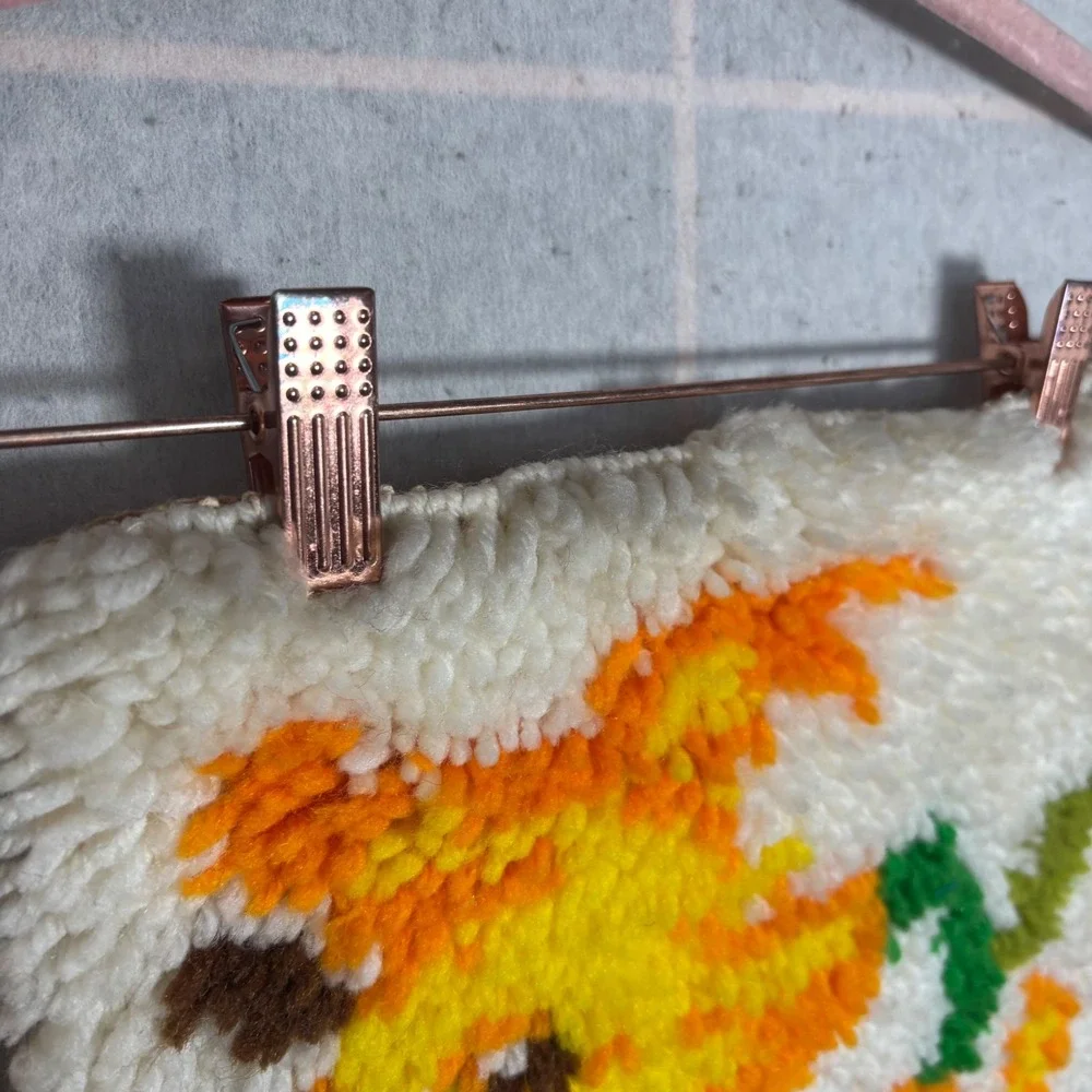 Vintage Latch Hook Floral Punch Needle Wall Hanging Orange Yellow Flowers Cream‎